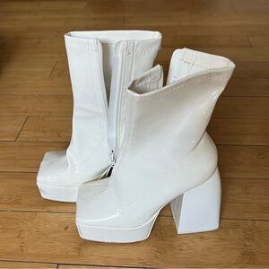 White Patent Chunky Square Toe Boots